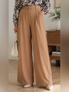 Nasty Gal Camel High-Waist Wide Leg Maxi Skirt with Belt